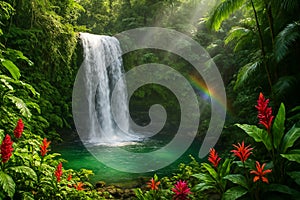 Lush Tropical Waterfall with Vibrant Rainbow and Ginger Flowers AI-GENERATED