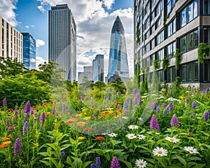 A lush Urban green space with vibrant wildflowers showcasing building skycrapper. generative ai