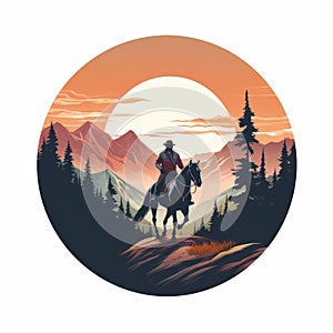 Lush And Vibrant Horseback Riding Logo With Hiker In The Woods