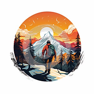 Lush And Vibrant Snowboarding Logo With Hiker In Woods