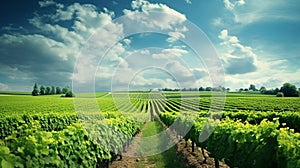 Lush vineyard rows leading to the horizon, the sky granting vast copy space above.