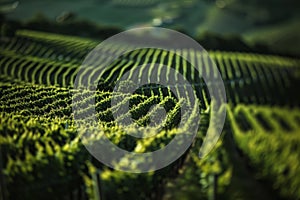 Lush vineyard rows under soft sunlight at sunset