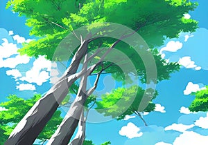 A Lush Vivid Illustration of Green trees adorn the landscape, which is complemented by a calm blue sky and fluffy white clouds.