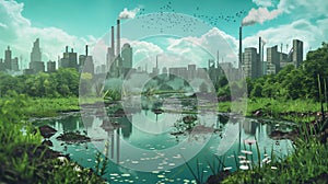 Lush wetlands in the foreground with a contrasting backdrop of industrial chimneys and urban development