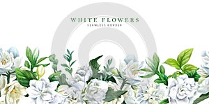 Lush white floral background, hand drawn vector