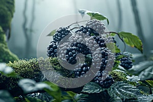 Lush Wild Blackberries in Misty Forest Light, Nature\'s Bounty Amidst Foggy Woodland Scenery