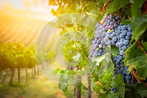 Lush Wine Grapes Clusters Hanging On The Vine