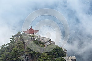 Lushan mountain watching clouds pavilion closeup in cloud fog