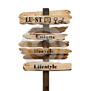 Lust, Unique, Recycle, Lifestyle signpost on white background