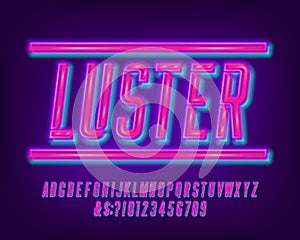 Luster alphabet typeface. Futuristic glowing neon letters and numbers.