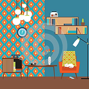 Lustration of a flat design. Room in the style of 70s.