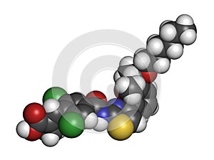 Lusutrombopag drug molecule (thrombopoietin receptor agonist). 3D rendering. Atoms are represented as spheres with conventional photo