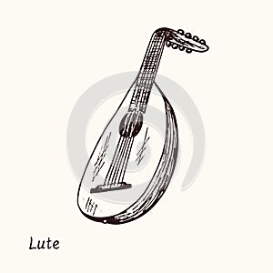 Lute. Ink black and white doodle drawing in woodcut style