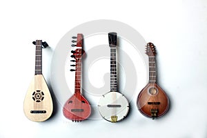 Lute, mandoline, banjo and sitar isolated on white background flat lay photo