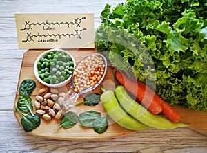 Lutein and zeaxanthin high foods, natural food sources of carotenoids, foods to boost eye health, healthy diet concept.