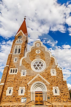 Luteran Christ Church facade with blue sky and clouds in background, Windhoek