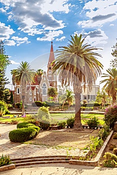 Luteran Christ Church and park with palms in front, Windhoek, Na