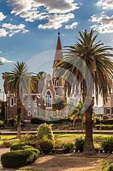 Luteran Christ Church and park with palms in front, Windhoek, Na