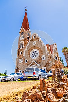 Luteran Christ Church and road with cars in front, Windhoek, Namibia