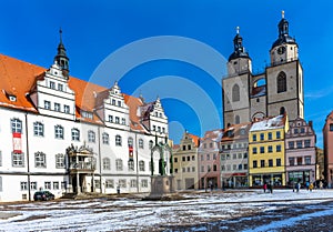 Luther Statue Colorful Market Square Rathaus Lutherstadt Wittenberg Germany photo