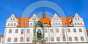 Luther Statue Colorful Market Square Rathuas Lutherstadt Wittenberg Germany photo