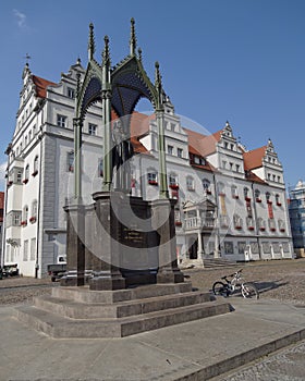 Luther statue and the town hall of Wittenberg