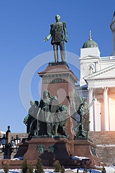 Lutheran cathedral and monument to Russian Emperor Alexander II in Helsinki, Finland