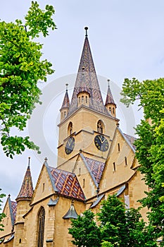 Lutheran Cathedral of Saint Mary Catedrala Evanghelica C.A. Sfanta Maria in Sibiu, Romania, vertical view towards the tower.