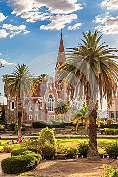 Lutheran Christ Church and park with palms in the front, Windhoek