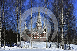Lutheran Church of neo-Gothic architecture in winter, Joensuu, F photo