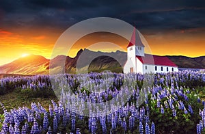 Lutheran church in Vik. Fantastic sunset. Iceland