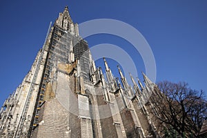 Lutheran minster Baden-Wurttemberg cathedral in Ulm old town, Germany, detail ancient architectural art outside of cathoric church