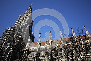 Lutheran minster Baden-Wurttemberg cathedral in Ulm old town, Germany, detail ancient architectural art outside of cathoric church