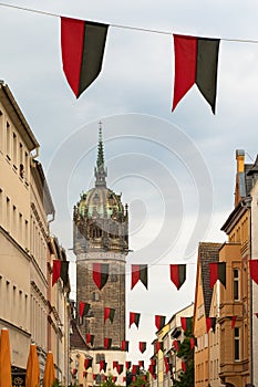 Lutherstadt Wittenberg, Germany, preparations for Luther\'s Wedding - city festival. View on All Saints\' Church, Castle