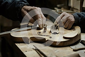 Luthier carefully assembling bridge of handmade violin in workshop photo