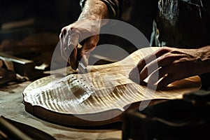 Luthier carefully crafting soundboard of string instrument in workshop photo