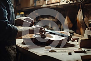 Luthier carefully placing bridge on handmade viola in workshop photo