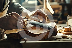 Luthier carefully placing bridge on handmade violin in workshop photo