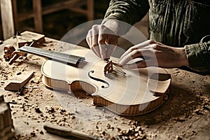 Luthier carefully placing bridge on handmade violin in workshop photo