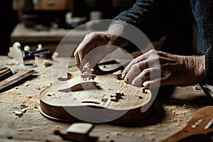 Luthier crafting a violin: hands working on wooden instrument photo