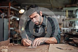 Luthier making a peghead of classical guitar