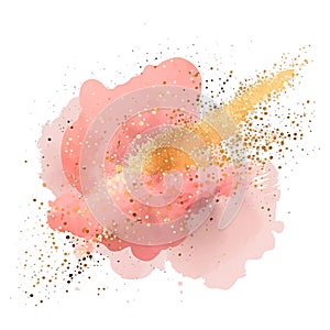 Luury pink watercolor splash blot splatter stain pattern. Gold glitters. Rose pink watercolor brush stroke, blot. Beautiful trendy