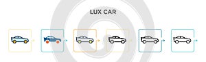 Lux car vector icon in 6 different modern styles. Black, two colored lux car icons designed in filled, outline, line and stroke