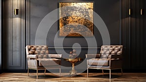 Contemporary Living Room With Gold Leather Chairs And Metallic Painting photo