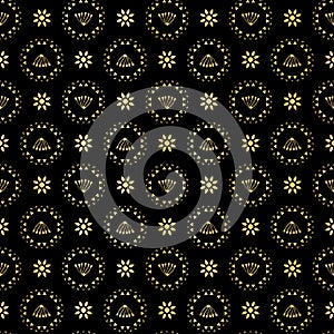 Luxe Gold Black Polka Dot Daisy Pattern, Seamless Vector, Drawn Texture