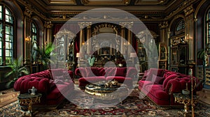 Luxe Parisian salon with velvet settees and gilded mirrors photo