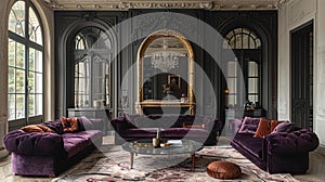 Luxe Parisian salon with velvet settees and gilded mirrors photo