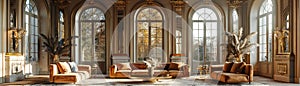 Luxe Parisian salon with velvet settees and gilded mirrors3D render