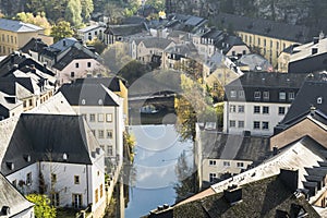 Luxembourg city details. Top view with bridge across Alzette river