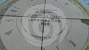 Luxembourg City, Luxembourg â€“ winter 2016. Luxembourg origins stone table map at the Bock Casemates area.